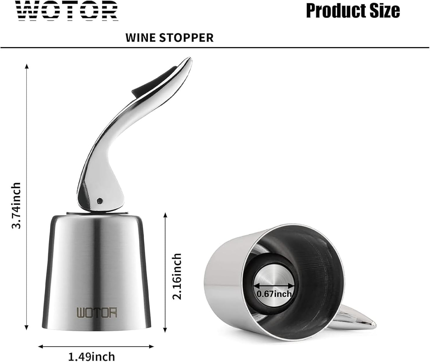 WOTOR Stainless Steel Wine Bottle Stoppers with Silicone - Reusable Wine Saver and Decorative Bottle Sealer, Leakproof, Keep Fresh, Silver, 2 Pack