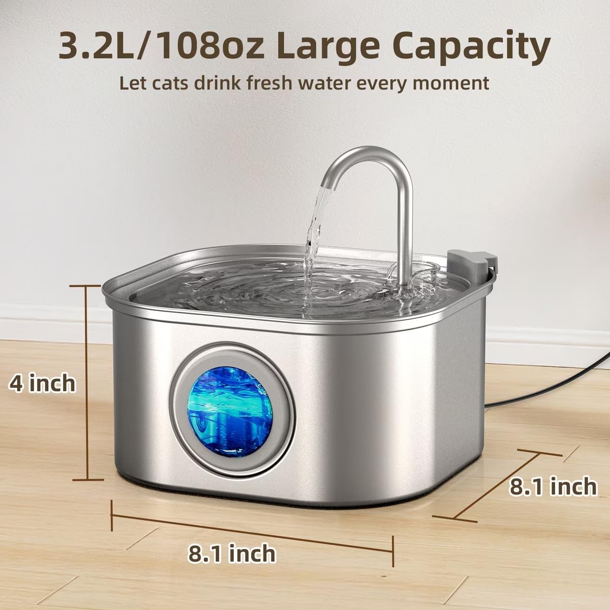 Casfuy PWS-120 Large Water Level Window Stainless Steel Dog & Cat Water Fountain, 108-oz