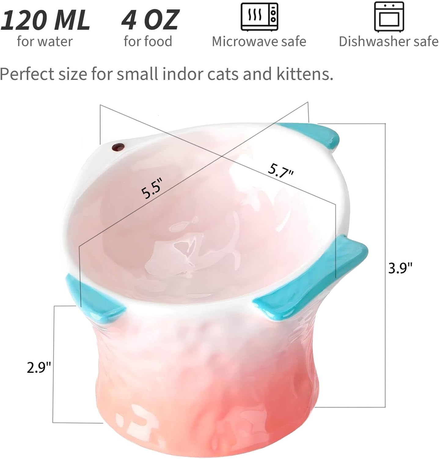 Ceramic Raised Cat Food Bowl, Shallow & Tilted, Anti Vomiting and Whisker Fatigue, Non-Slip, Cute Fish Shape Cat Feeding Bowls for Dry and Wet Food, for Kitten, Pink/Green, 2-Pack