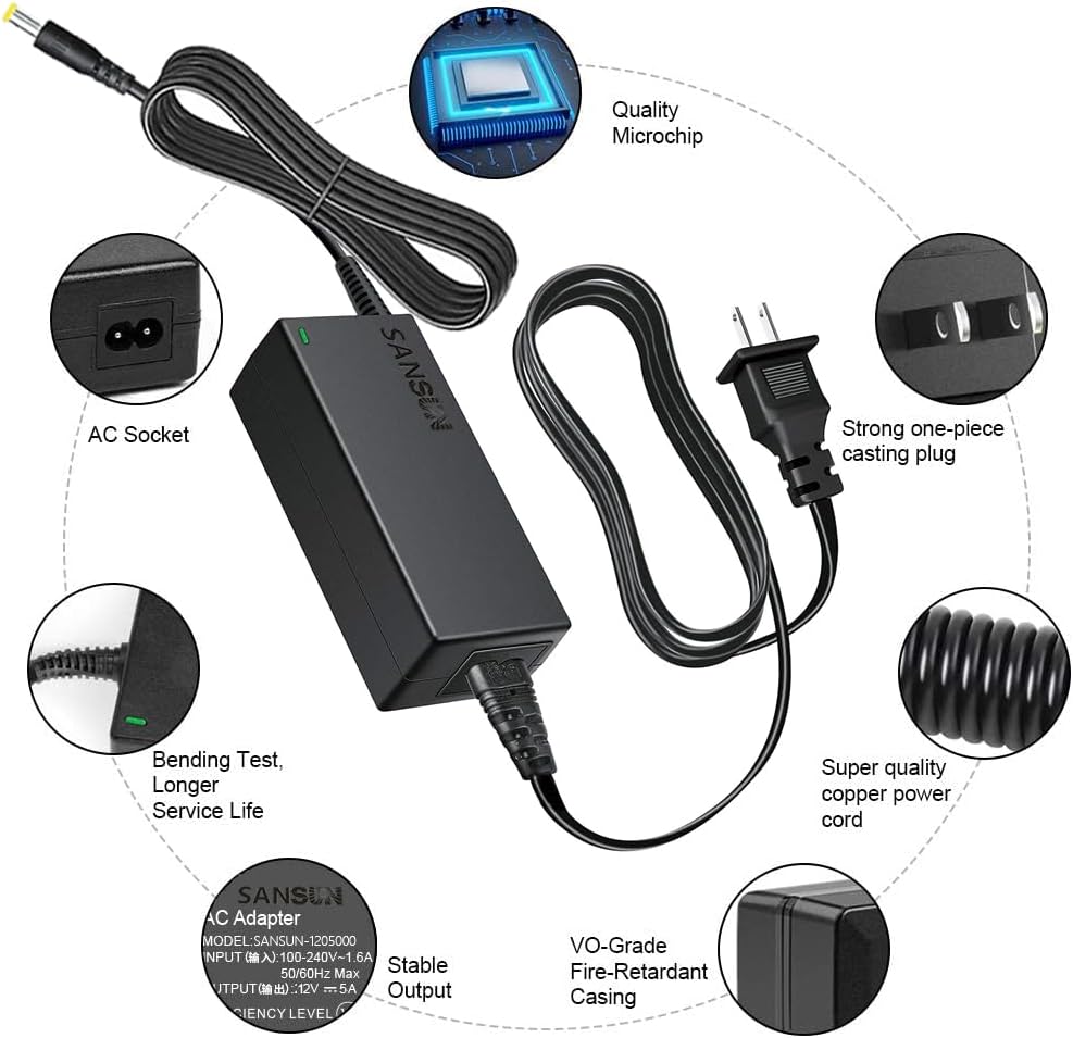 12V 5A Power Supply, AC 120V to DC12V 5.5x2.1mm Jack Converter, 12 Volt LED Driver 60W Adapter Transformer for Strip Lights, Surveillance Cameras, External HDD, Monitor, CCTV (Pack of 1)