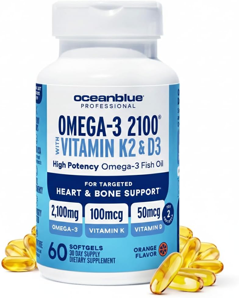 Oceanblue Professional Omega-3 2100 with Vitamin K2 and Vitamin D3-60 Count - Triple Strength Burpless Fish Oil Omega-3 Supplement with EPA, DHA & DPA - Wild Caught - Orange Flavor, 30 Servings
