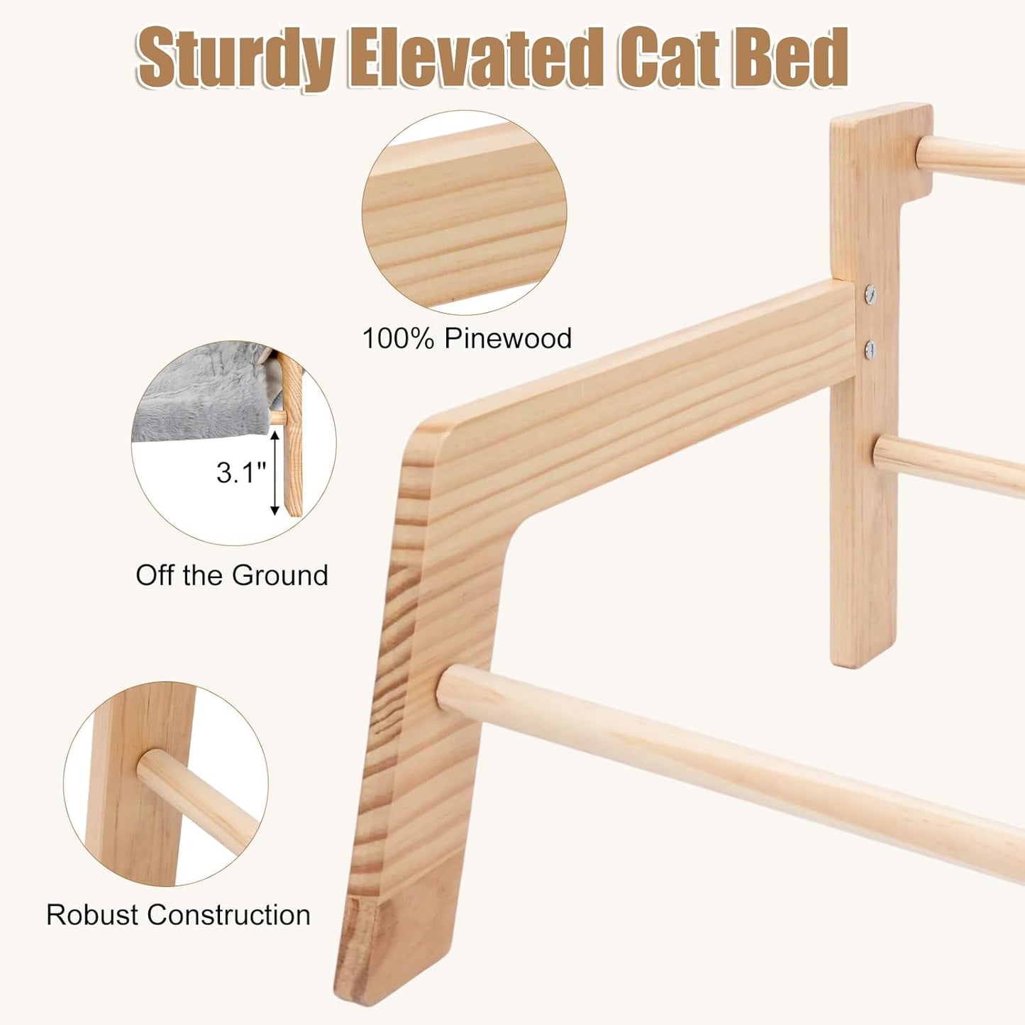Elevated Cat Couch Bed for Indoor Cats, Large Cat Sofa Bed with Removable Fluffy Cover Wooden Raised Dog Bed, Washable Pet Dog Chair for Kitten Puppy Small Animals, 27”x18.6”x11.8”