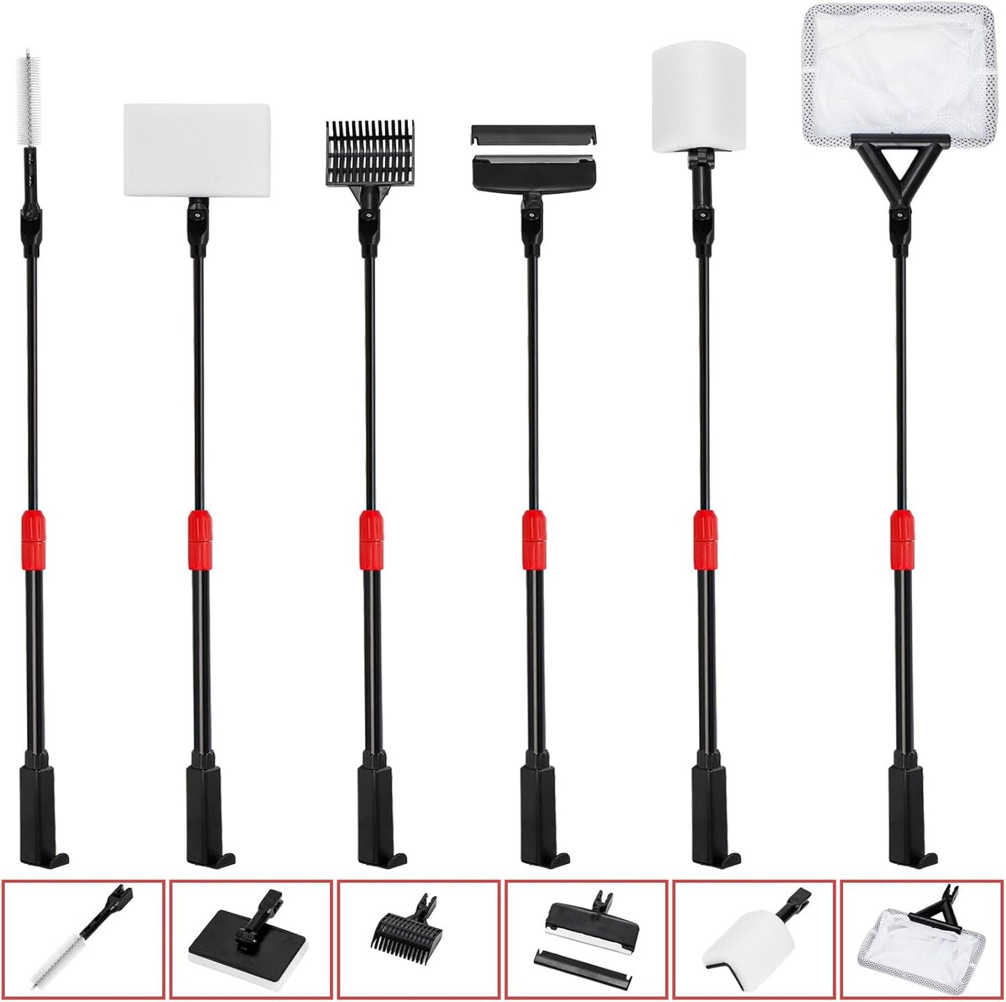 TOPZEA 6 in 1 Aquarium Cleaning Tool Kit, Fish Tank Cleaner Set with Adjustable Telescopic Long Handle (21-32 Inch) Include Algae Scraper, Scrubber Pads, Fish Net, Tube Cleaning Brush, Gravel Rake