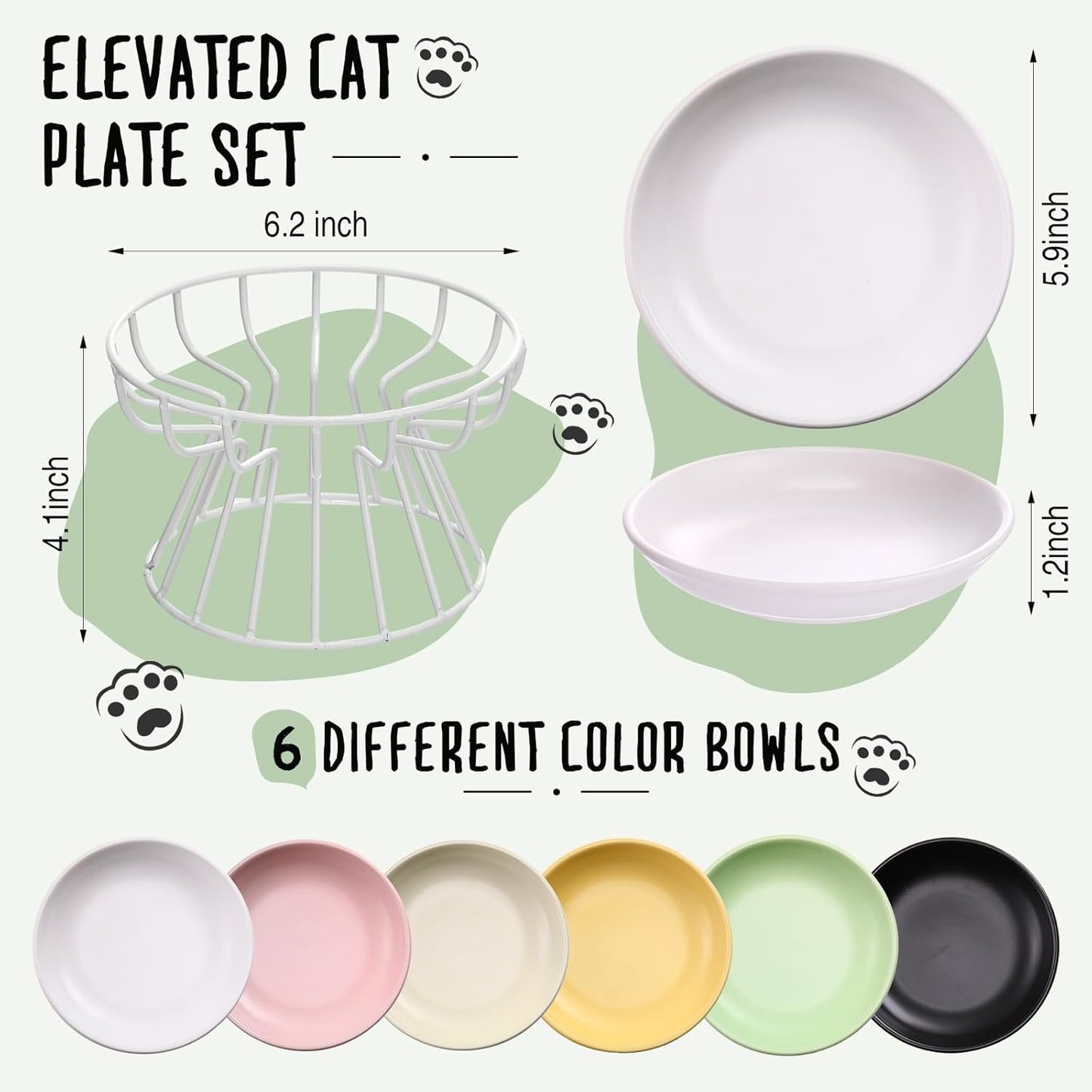 Hushee 6 Pcs Raised Cat Bowls Elevated Ceramic Cat Food Bowls with Metal Stand Anti Vomit Feeding Dishwasher Safe Shallow Ceramic Water Food Plate for Kitten Small Dogs