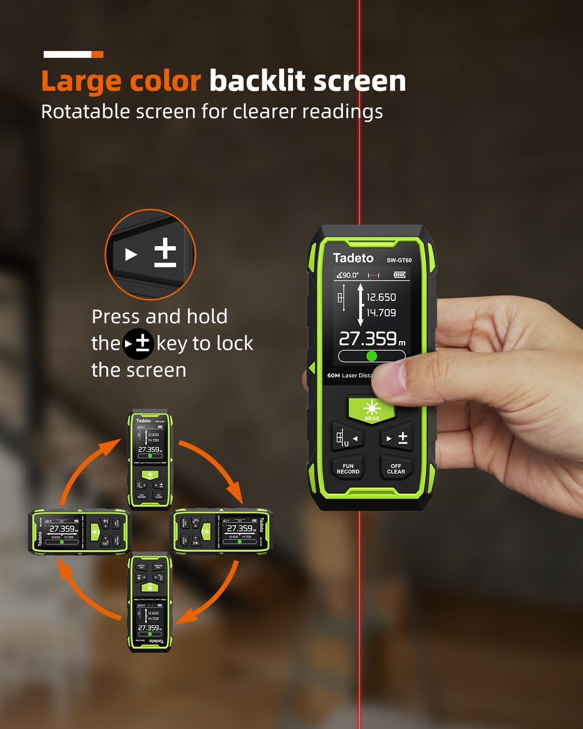 Tadeto Dual Laser Measuring Tool, 393FT/120M Bilateral Laser Measurement Tool Backlit LCD Display, Rechargeable Laser Measure with Ft/in/M Multiple Units Length/Area/Volume/Angle