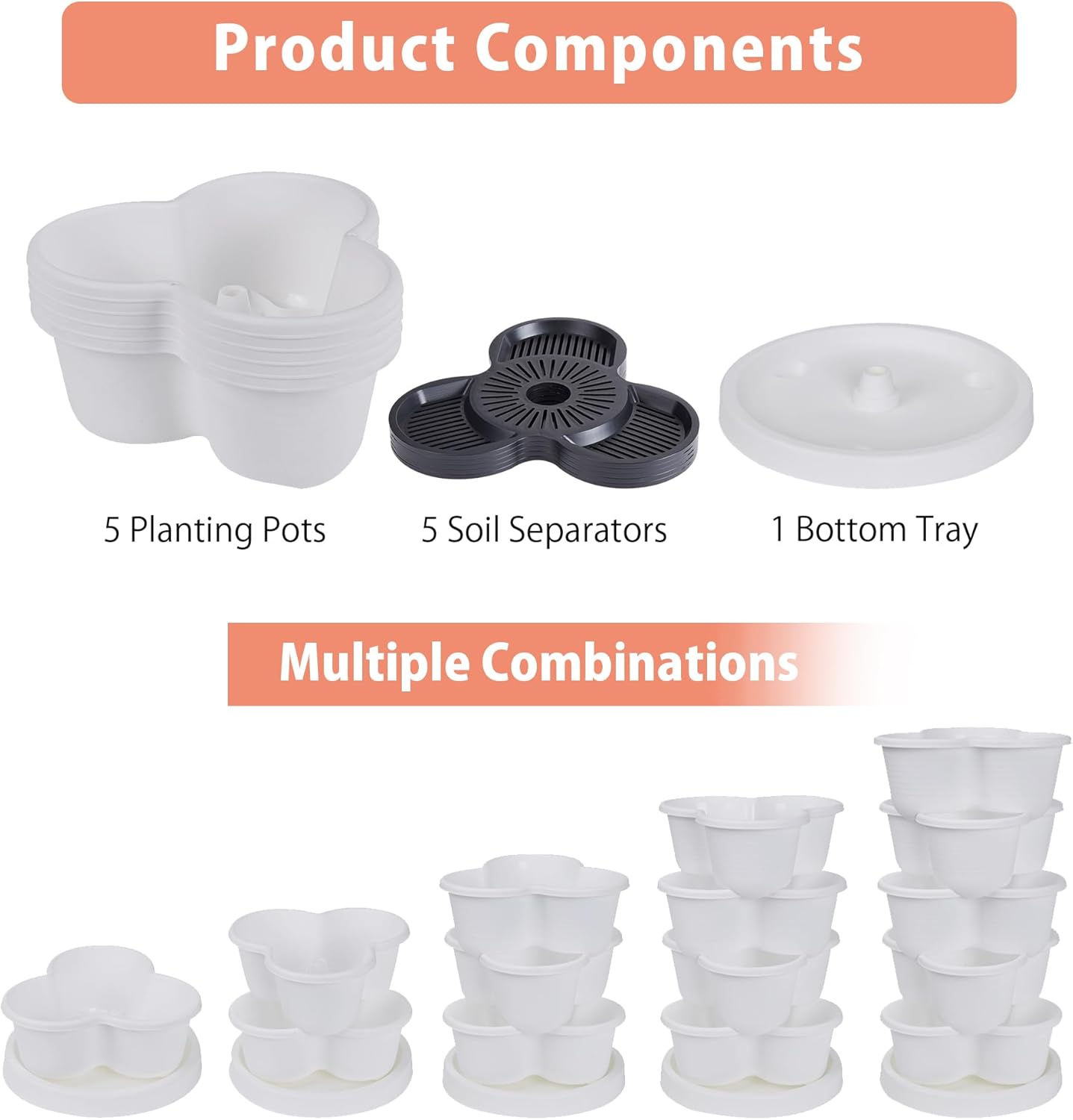 VECELO 5 Tier Vertical Garden Planter, Self Watering Stackable Planters with Wheels for Strawberries, Herbs, Flowers, Vegetables, White