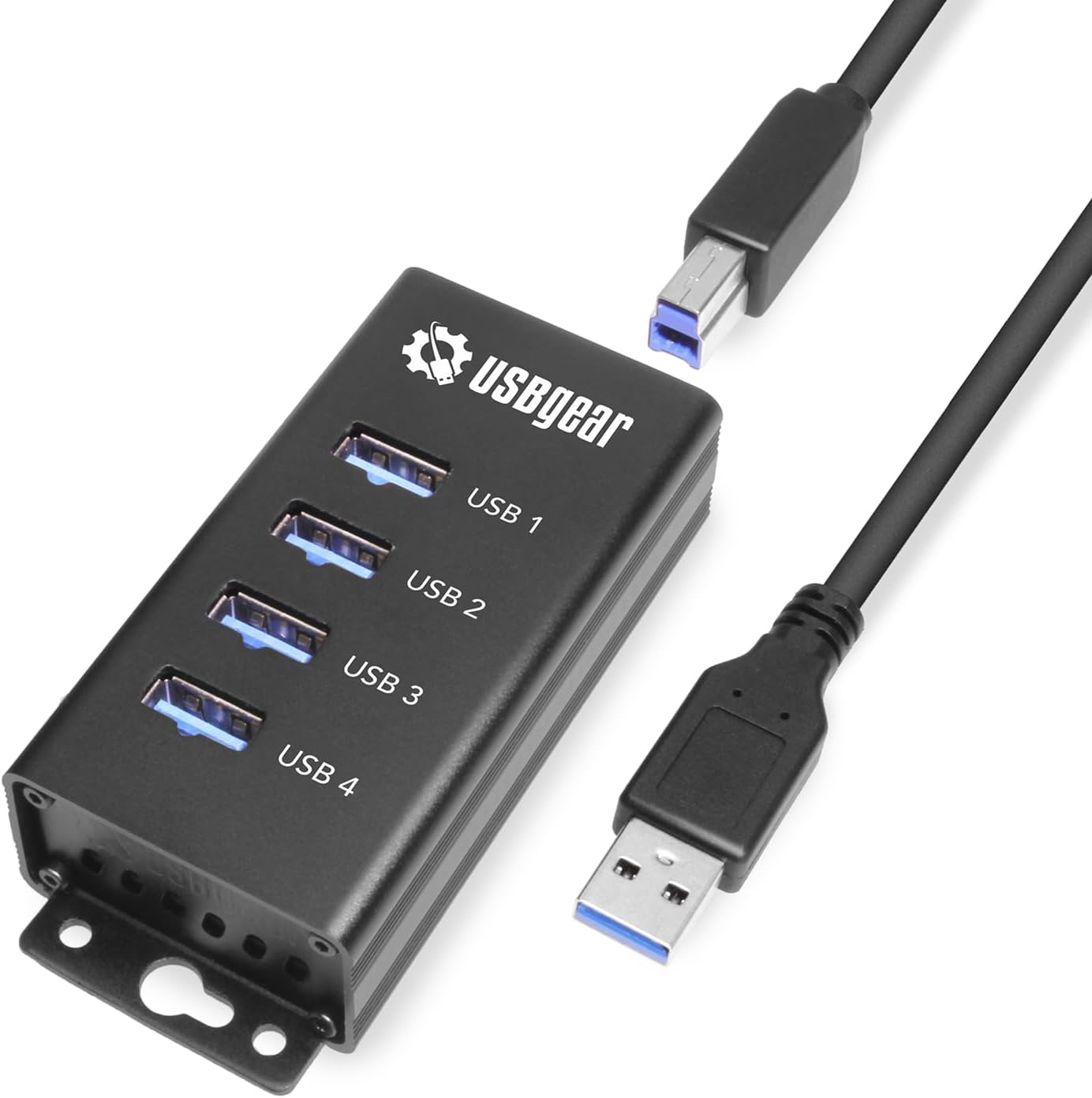 USBGear 4 Port USB Hub 3.2 Gen 1 – Mountable SuperSpeed Data Hub with USB Ports for Laptop, PC, Desktop, and More, 5V/2A Power Adapter with Type-A to Type-B Cable (3ft), Computer Accessories