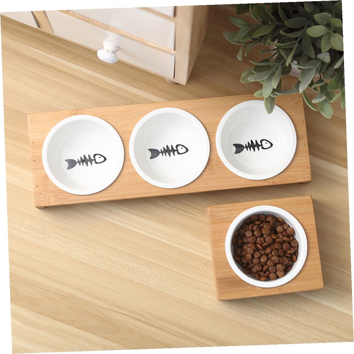 FAVOMOTO Elevated Stand Cat Bowl Set with Ceramic Bowls, Indoor Raised Pet Water and Food Dish for Kittens and Dogs, Non-Slip Household Feeding Supplies