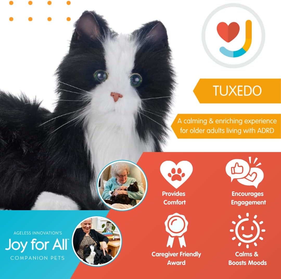 JOY FOR ALL Companion Pet for Seniors - Lifelike Animatronic Cat - Realistic Soft-Touch Fur & Purring - Therapy Stuffed Animal - Toy for Alzheimer's & Dementia - Tuxedo