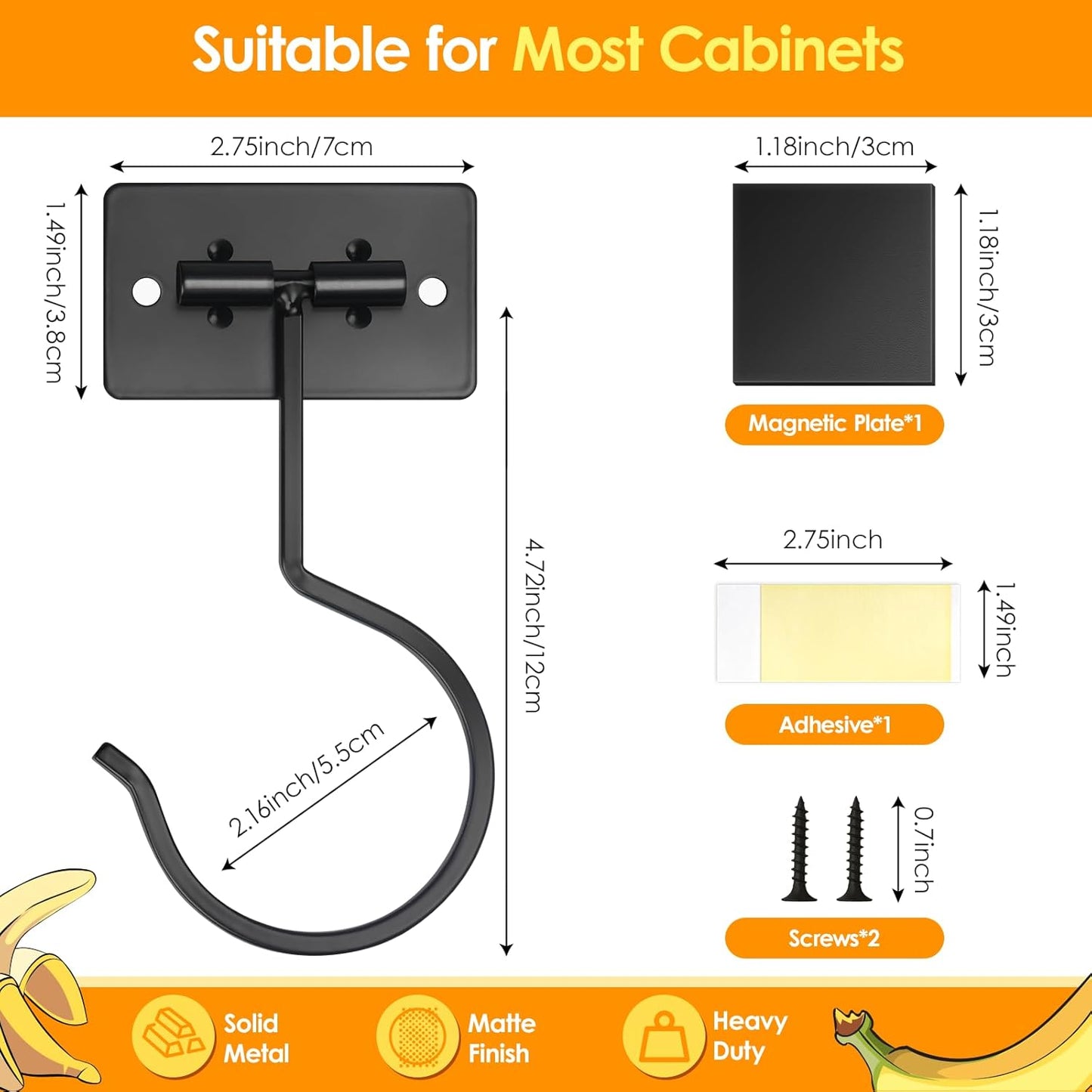 Self Adhesive Banana Hook Under Cabinet Foldable Banana Hanger Black Metal Under Counter Banana Hook to Keep Bananas Fresh Banana Holder for Kitchen RV Space Saving