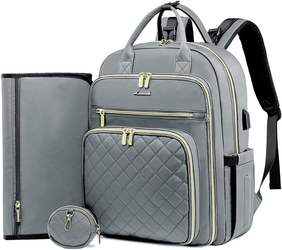 LOVEVOOK Baby Diaper Bag,Waterproof Diaper Backpack with USB Charging Port for Baby, Large Capacity Fit for 15.6 inch Laptop,Light Grey