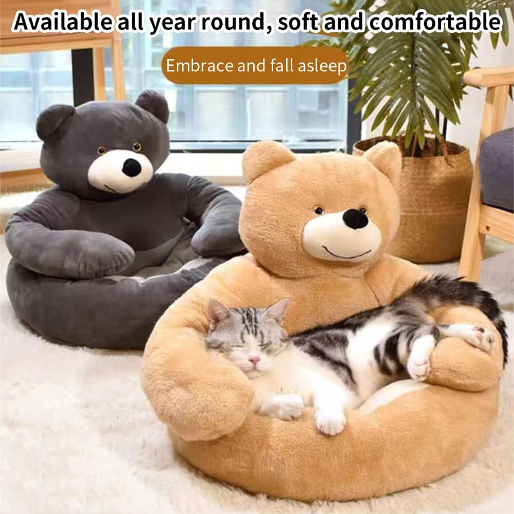 Cute Bear Hug Design 개 고양이 침대 플러시 반려동물 침대 커들러, 따뜻하고 부드러우며 차분한 강아지 침대, 탈착식 세탁 가능한 커버 미끄럼 방지 바닥 (지름 76.2cm(30인치), 카키)