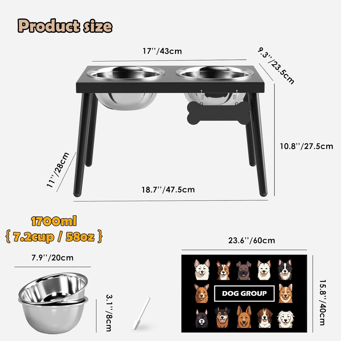 Metal Raised Dog Bowl Stand for Large and Medium Dogs, Stronger Elevated Dog Bowls with Sprill Proof Mat, Pet Food & Water Bowls 10" Tall Dogs Feeder (58OZ-Stainless Steel Pet Bowl, Mat-16x24)