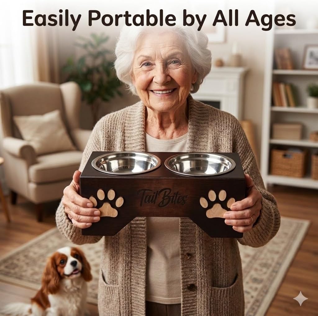 Raised Dog Bowls for Medium & Large Dogs – Wooden Elevated Dog Feeder Stand with 2 Stainless Steel Bowls + Bonus Chew Treat (14” x 7” x 6”)