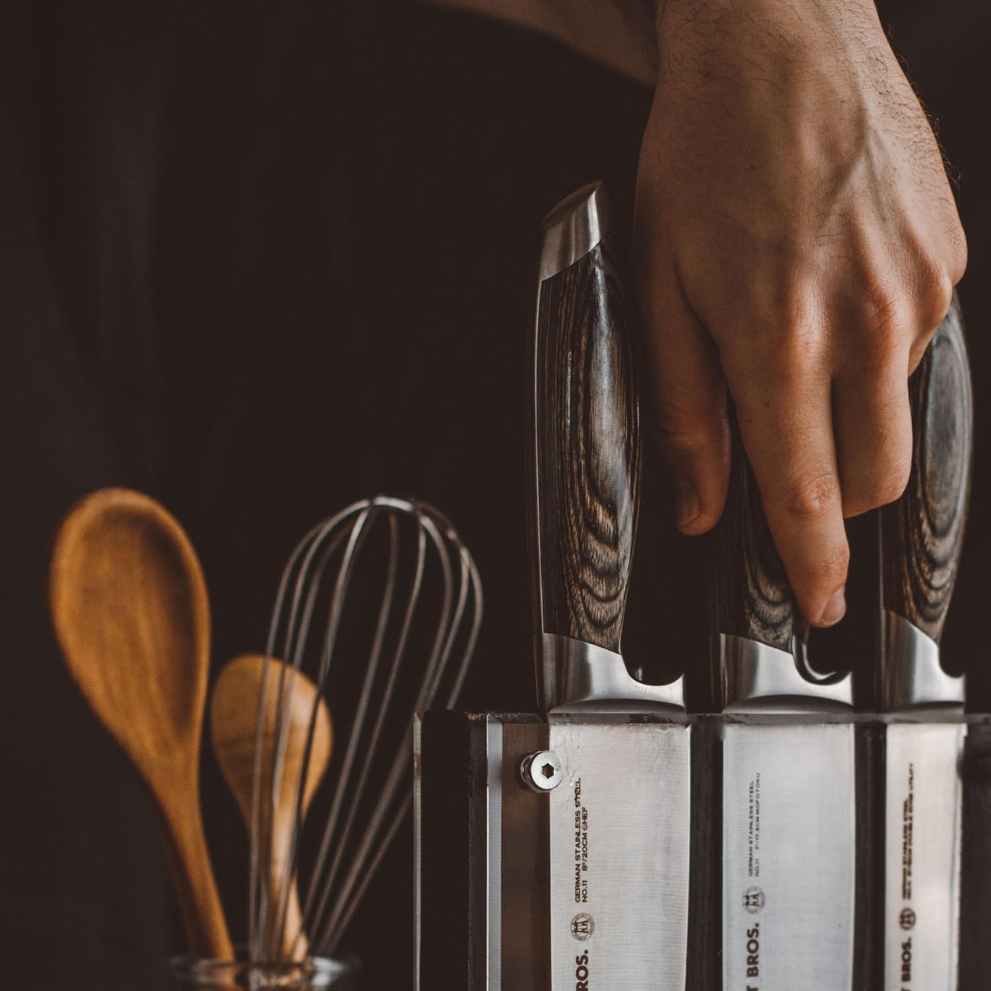 Schmidt Brothers -Bonded Ash- 15-Piece Knife Set, High-Carbon Stainless Steel Cutlery with Downtown Acacia and Acrylic Magnetic Knife Block and Knife Sharpener