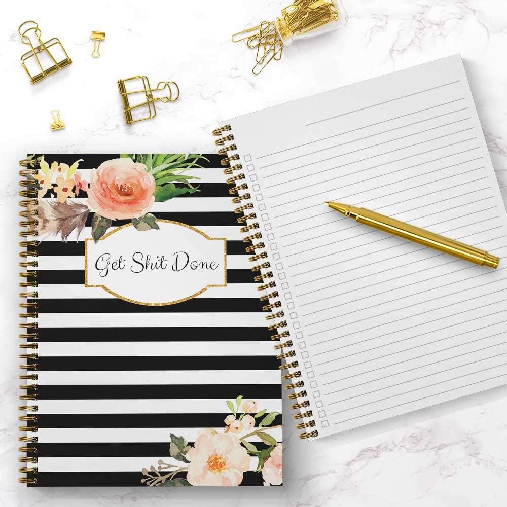 Softcover Classic Floral Get Stuff Done 8.5" x 11" Motivational Spiral Notebook/Journal, 120 Checklist Pages, Durable Gloss Laminated Cover, Gold Wire-o Spiral. Made in the USA
