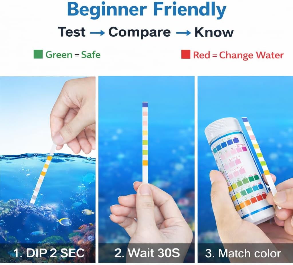 Aquarium Test Strips for Freshwater Fish: 7 in 1 Fish Tank Water Testing Kit for Aquarium Pond - Accurate Testing Nitrate Nitrite Hardness Free Chlorine pH Carbonate Total Alkalinity-100 Strips