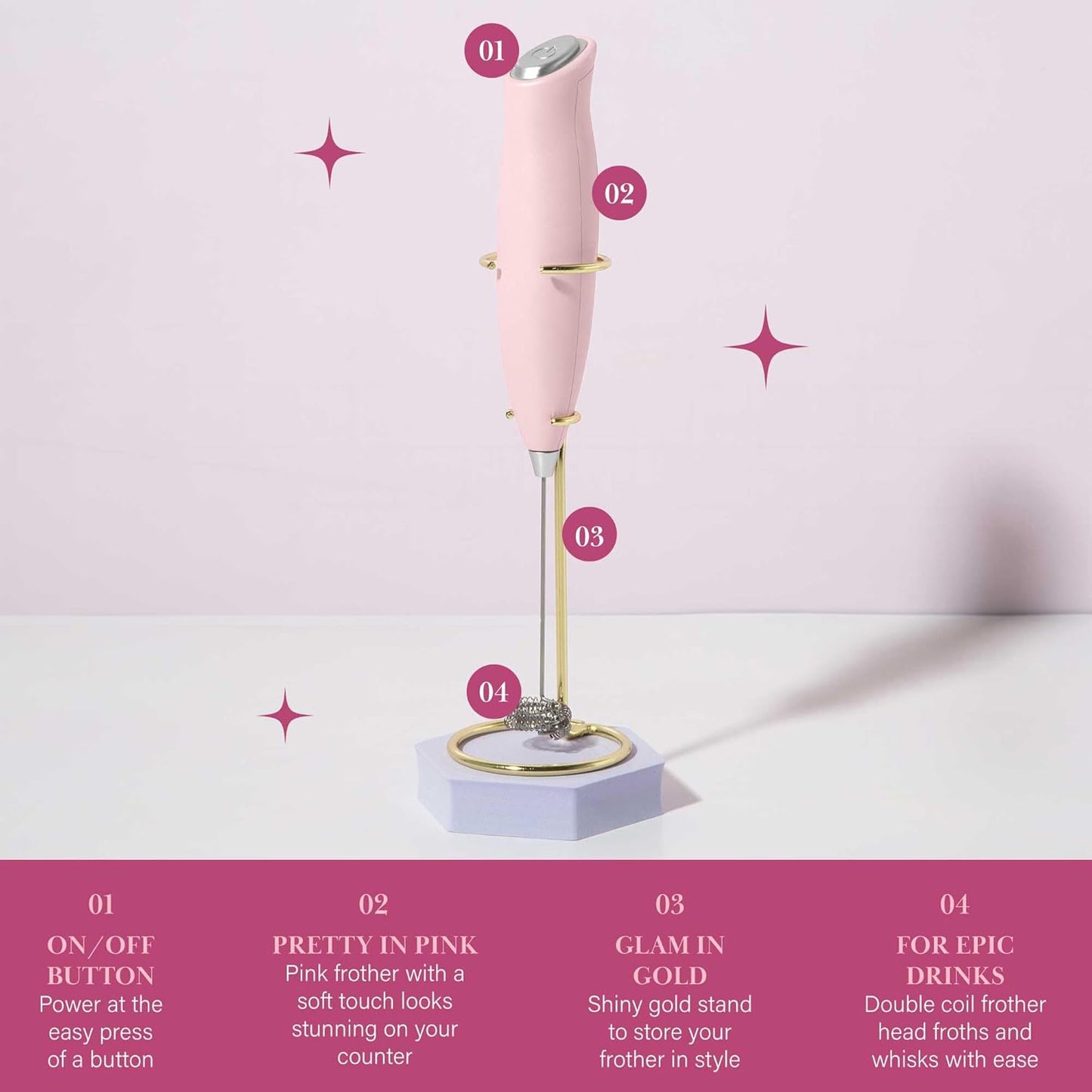 Paris Hilton Electric Handheld Milk Frother with Double Coil Head Whisk and Gold Metal Stand, Battery Powered (2 AA Batteries Required but Not Included), Pink