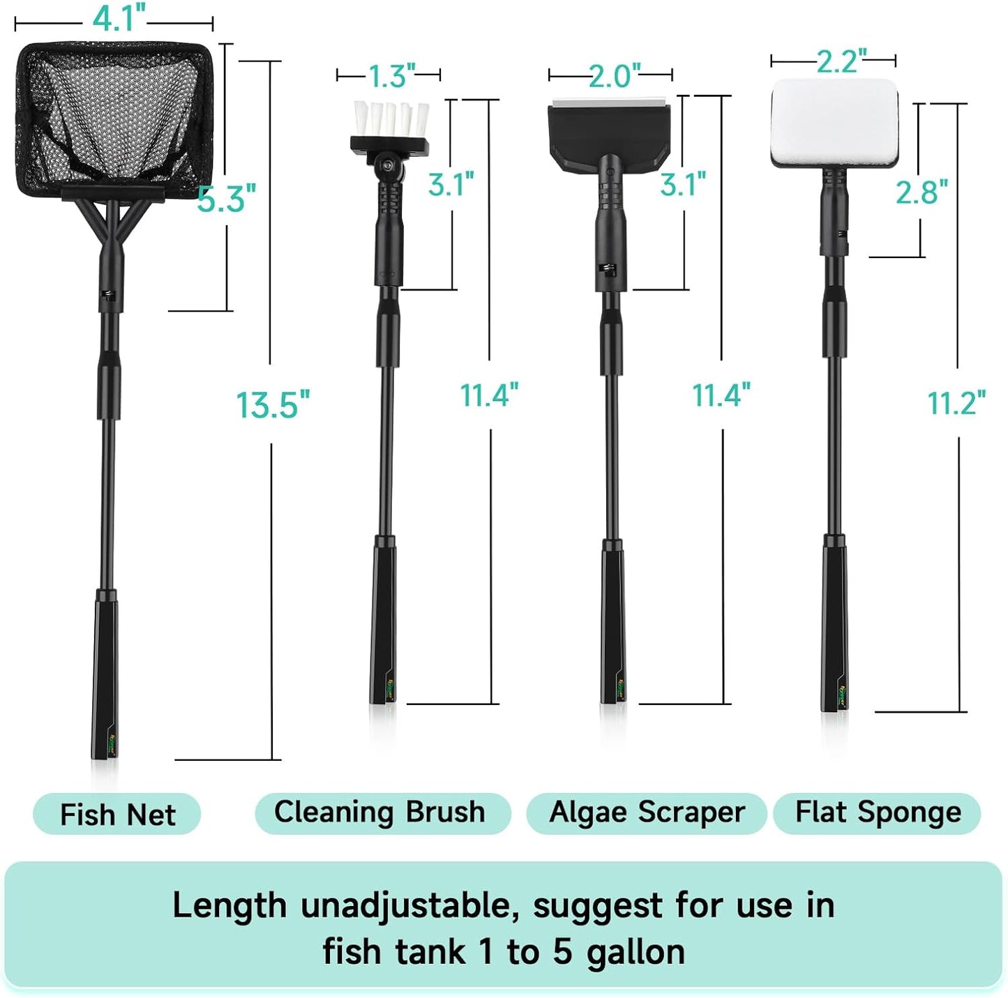 hygger Small Aquarium Cleaning Tools, 4 in 1 Fish Tank Cleaner Kit with Handle,Fish Net,Algae Scraper,Clean Brush,Flat Sponge