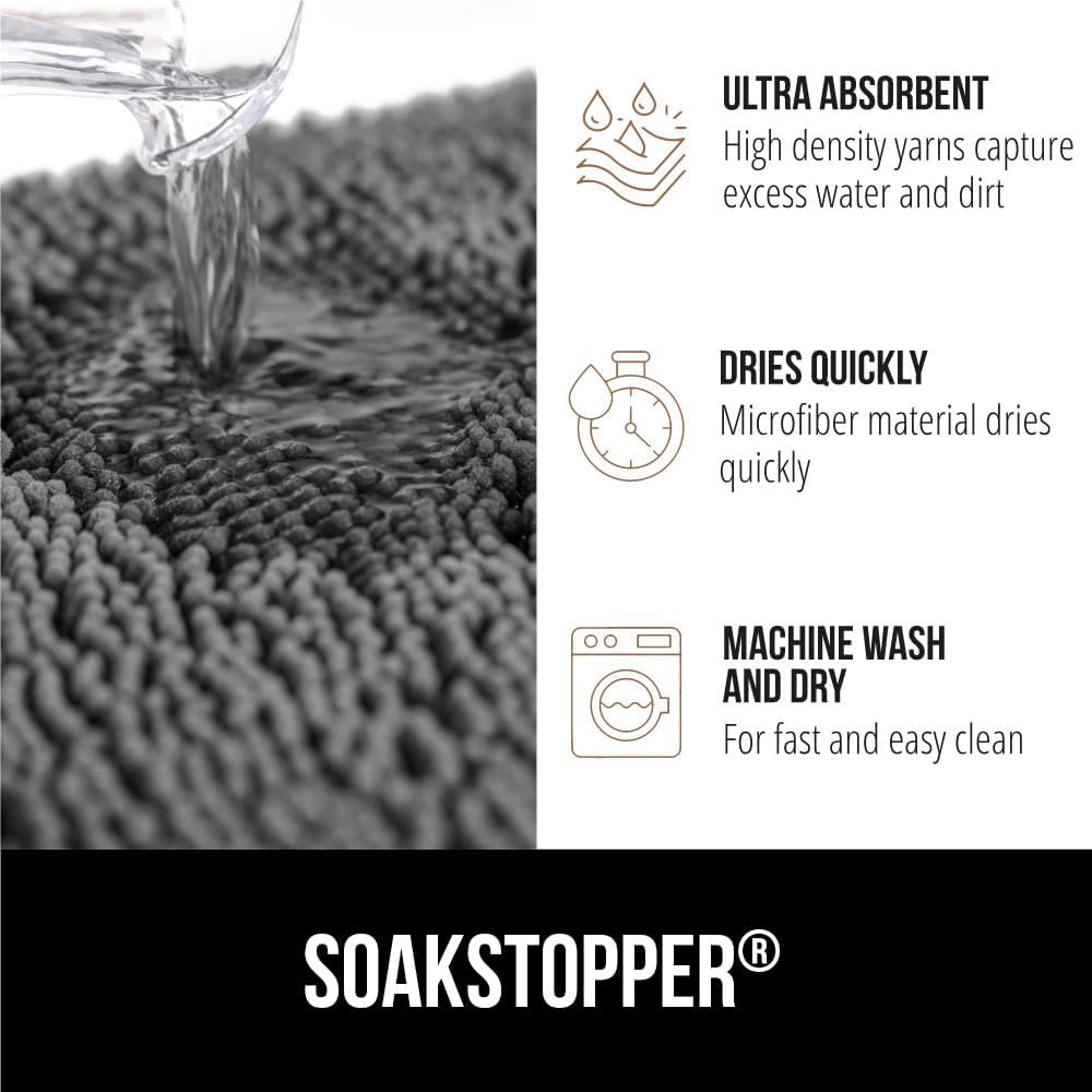 GORILLA GRIP SoakSTOPPER Dog Door Mat, Machine Washable Rug Absorbent Doormat Captures Moisture Mud Dirt, Quick Dry Soft Chenille Entryway Rugs Indoor Entrance Mats for Dog Paws, 24x17 Grey