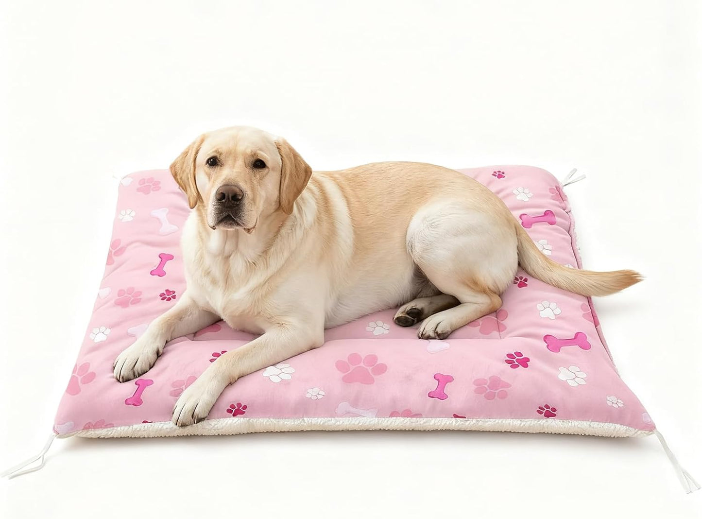 Pink Paw Print Dog Bed Mat - Cute Puppy Pad for Crate or Kennel - Washable Bone Design Pet Mat - Soft Fleece Liner for Small Dogs & Cats - Anti-Slip (M)