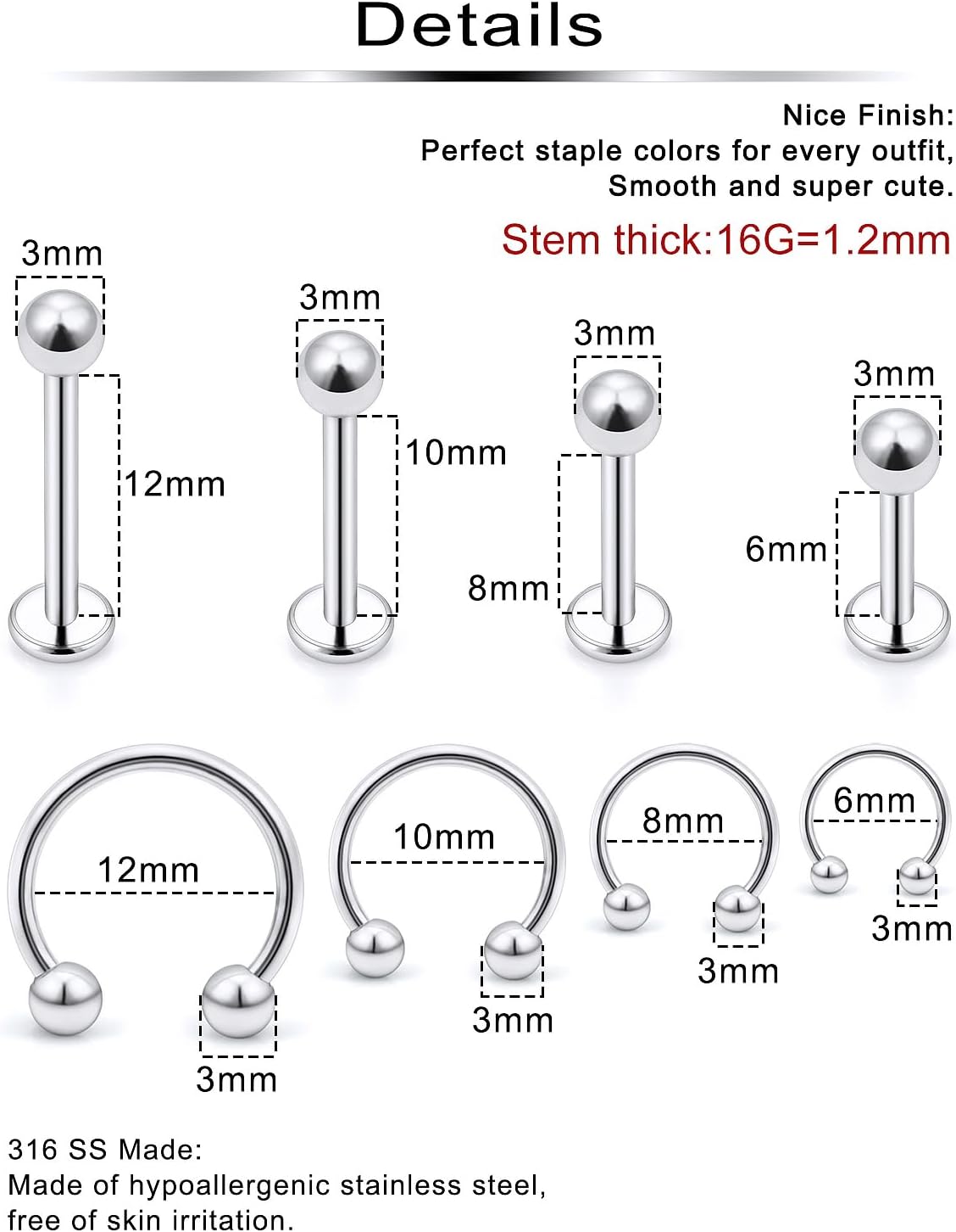 Ftovosyo Lip Rings 32PCS Labret Jewelry Monroe Lip Barbell Ring Snake Bite Piercing Jewelry 16G Helix Earring Daith Tragus Cartilage Studs Surgical Steel Piercing Jewelry for Women Men