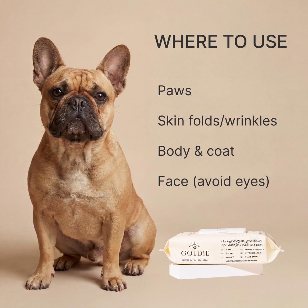 Goldie Dog Essentials Probiotic & Colloidal Oatmeal Dog Wipes for Paws, Skin Folds, Body & Bottom, Hypoallergenic, Fragrance-Free & Unscented, Plant-Based Dog Wipes, 80 Count