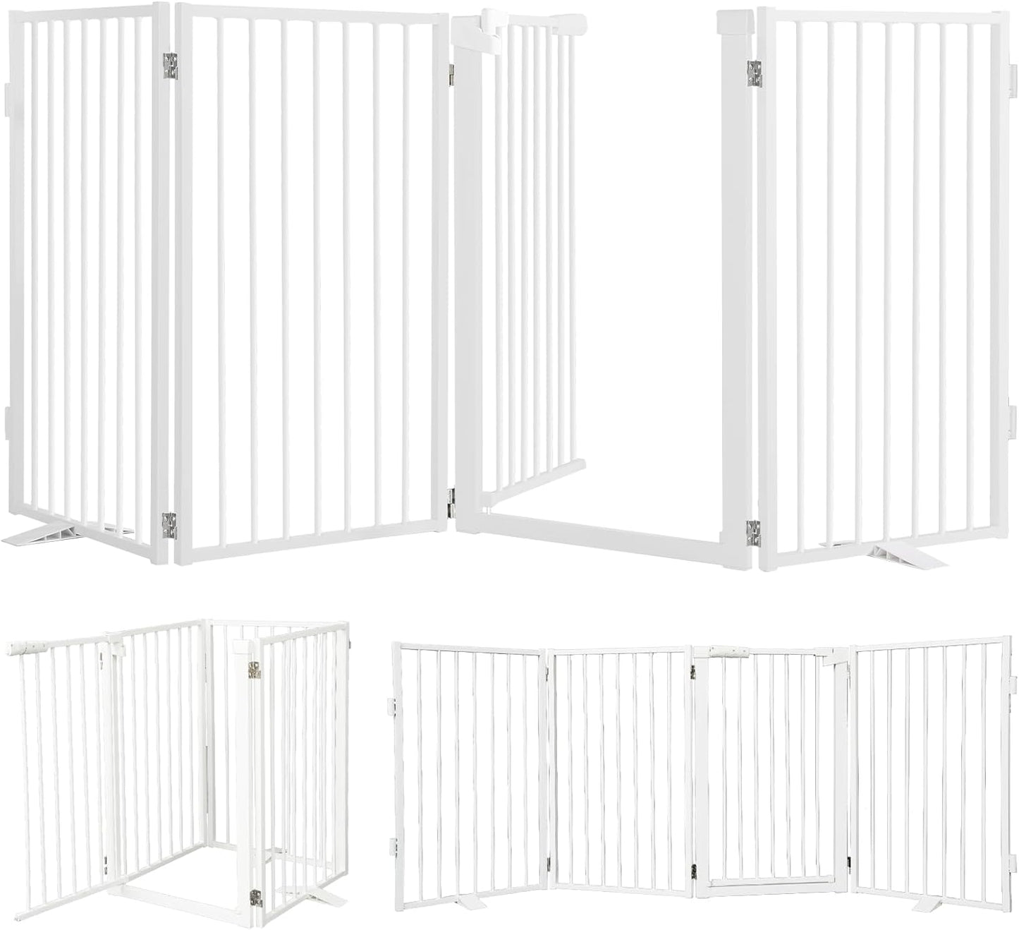 Snagle Paw Metal Freestanding Dog Gate with Door, 80” W x 32” H Dog Fence with Support Feet for Doorways, Stairs and Hallways, Portable Pet Gate for Indoor Use (4 Panel, White)