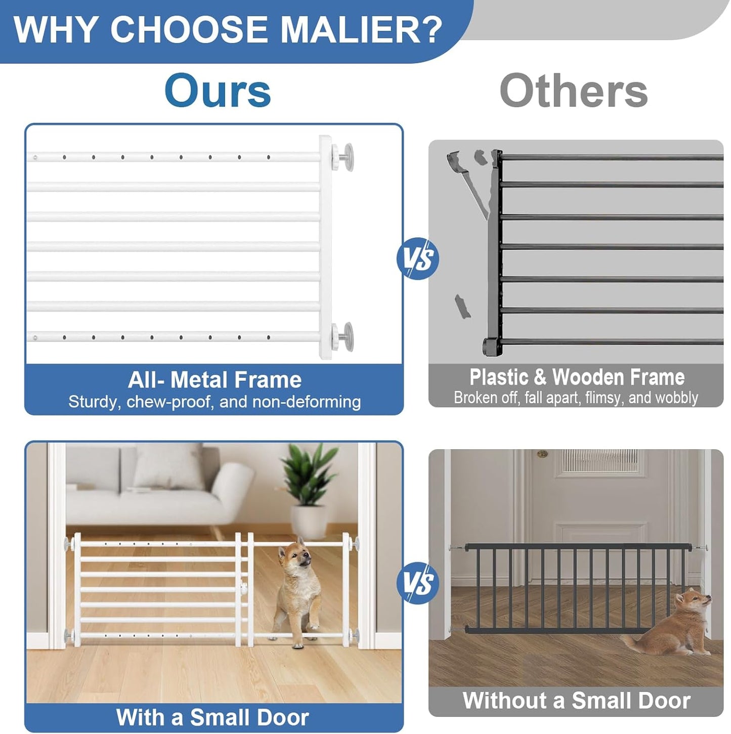 Malier Dog Gate with a Small Door, Extra Wide All Metal Short Dog Gate Pet Gate for Stairs, 10'' Tall Pressure Mount Easy Step Over Puppy Gate Low Gate for Doorways