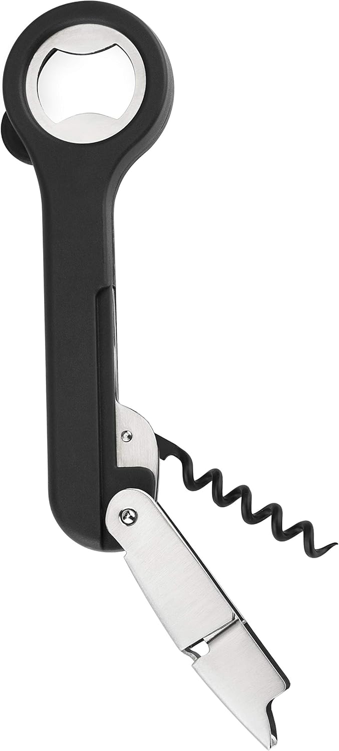 Host Double Hinged Corkscrew, Stainless Steel Bottle Opener and Foil Cutter, Wine Key, Bar Accessories, Set of 1, Black