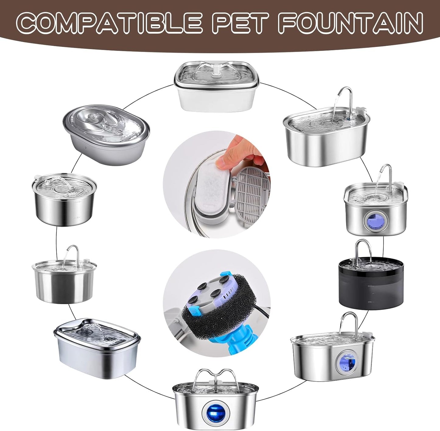 Cat Water Fountain Filter Replacement Kit - 16 Cat Fountain Filters, 16 Sponges, Compatible with Stainless Steel Pet Fountains