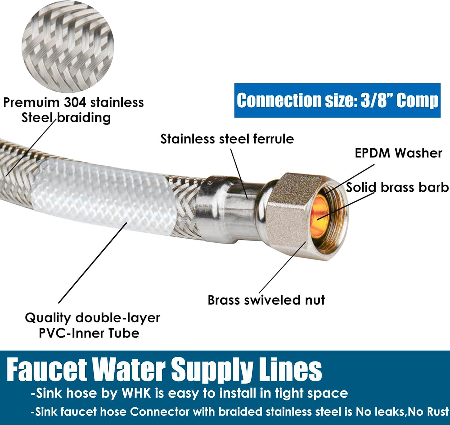 WHK 8 Packs 16 inch Faucet Hose Connector 3/8" Comp x 1/2" FIP Water Faucet Supply Lines,Stainless Steel Braided Plumbing Supply Line For Bathroom Kitchen(Certified Safe)