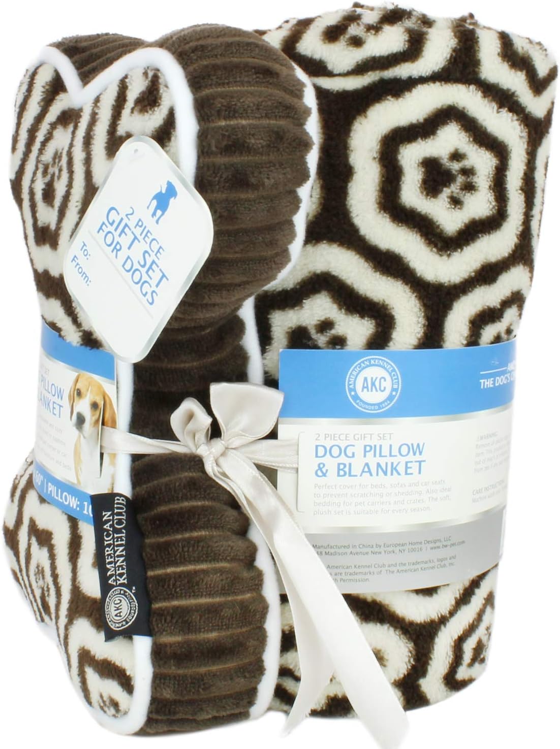 American Kennel Club 60''x50'' Pet Blanket & 10'' Pillow Set, Warm Plush Blanket for Dogs & Cats - Paw Print - Brown