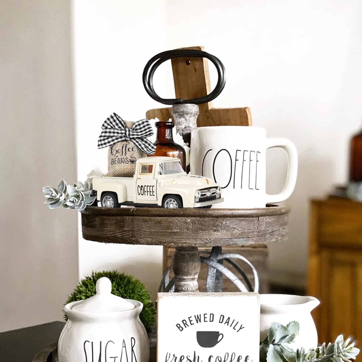 Hooqict Coffee Decor for Coffee Bar Metal Truck with Coffee Beans Burlap Sack Vintage Pickup for Farmhouse Kitchen Decor Coffee Station Home Coffee Bar Accessories Coffee Shop Decor