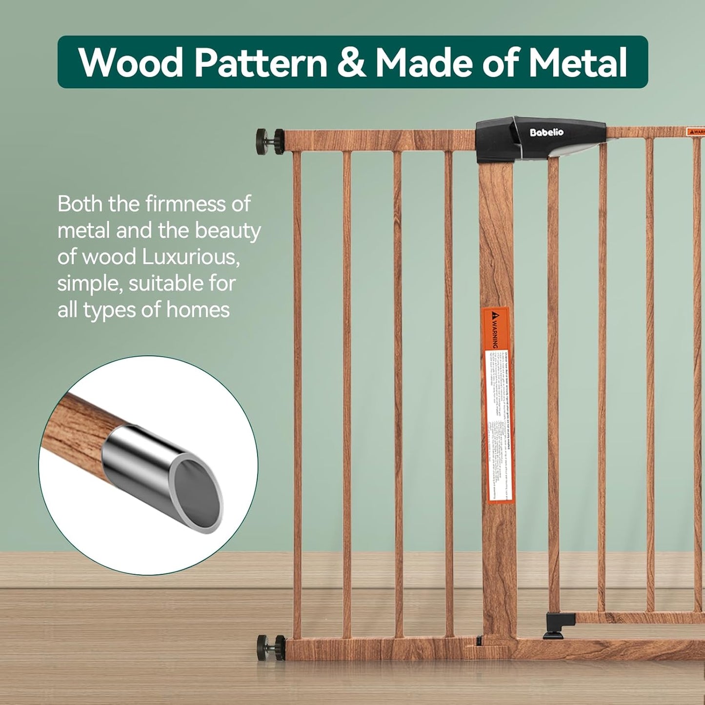 Babelio Metal Auto Close Baby Gate PressGuard P7, 29"-55" Wide Extra Wide Pet Gate for The House and Doorways, Pressure Mounted Walk Thru Child Gate with Door, Brown Wood Pattern