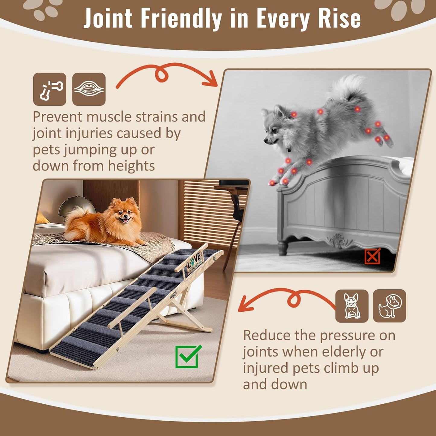 Pawaboo Dog Ramp for Small Dog, 57'' Foldable Dog Ramp for Bed, 5 Adjustable Height from 19.7'' to 30'', Portable Stable Pet Steps with Dogs Tag & Safety Side Rails, Pet Ramps for Bed Couch