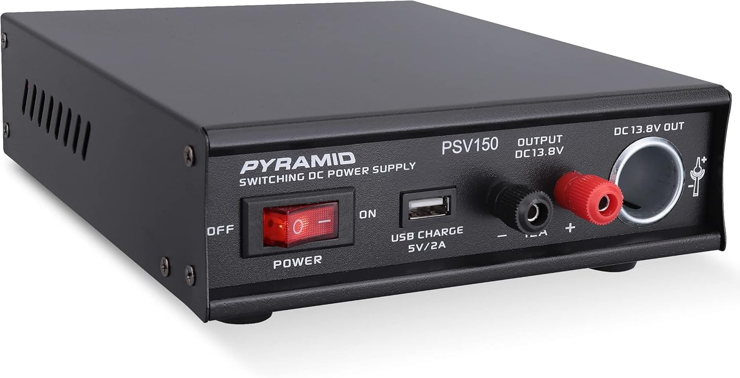 Pyramid Universal Compact Bench Power Supply- 12Amp Variable Linear Regulated Home Lab Benchtop AC-DC Power Converter - USB Port,Cigarette Lighter,115/230V AC,Screw Terminal,Cooling Fan - PSV150,Black