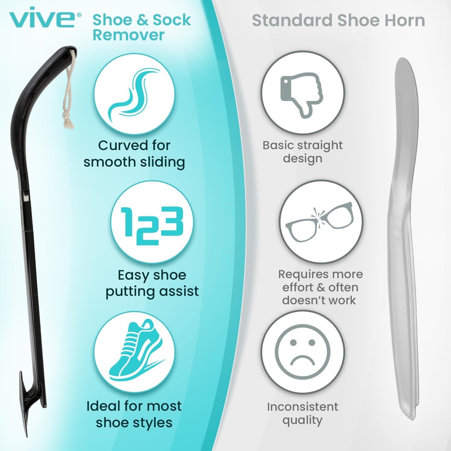 Vive Sock Remover Device for Seniors - Sock Aid and Shoe Horn for Compression Socks, Hosiery and Stockings - Sock Assist for Elderly, Men, Women - No Bending Daily Assistance Device