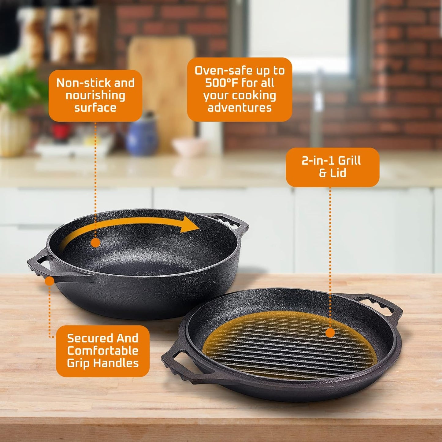 Bruntmor 2-in-1 Pre-Seasoned Cast Iron Dutch Oven with Grill Lid, 3.3 Quart - Cocotte Dutch Oven Pot and Braiser Pan with Lid and Dual Handles - Oven-Safe, Gumbo Pot for BBQ, Frying, Camping, Black