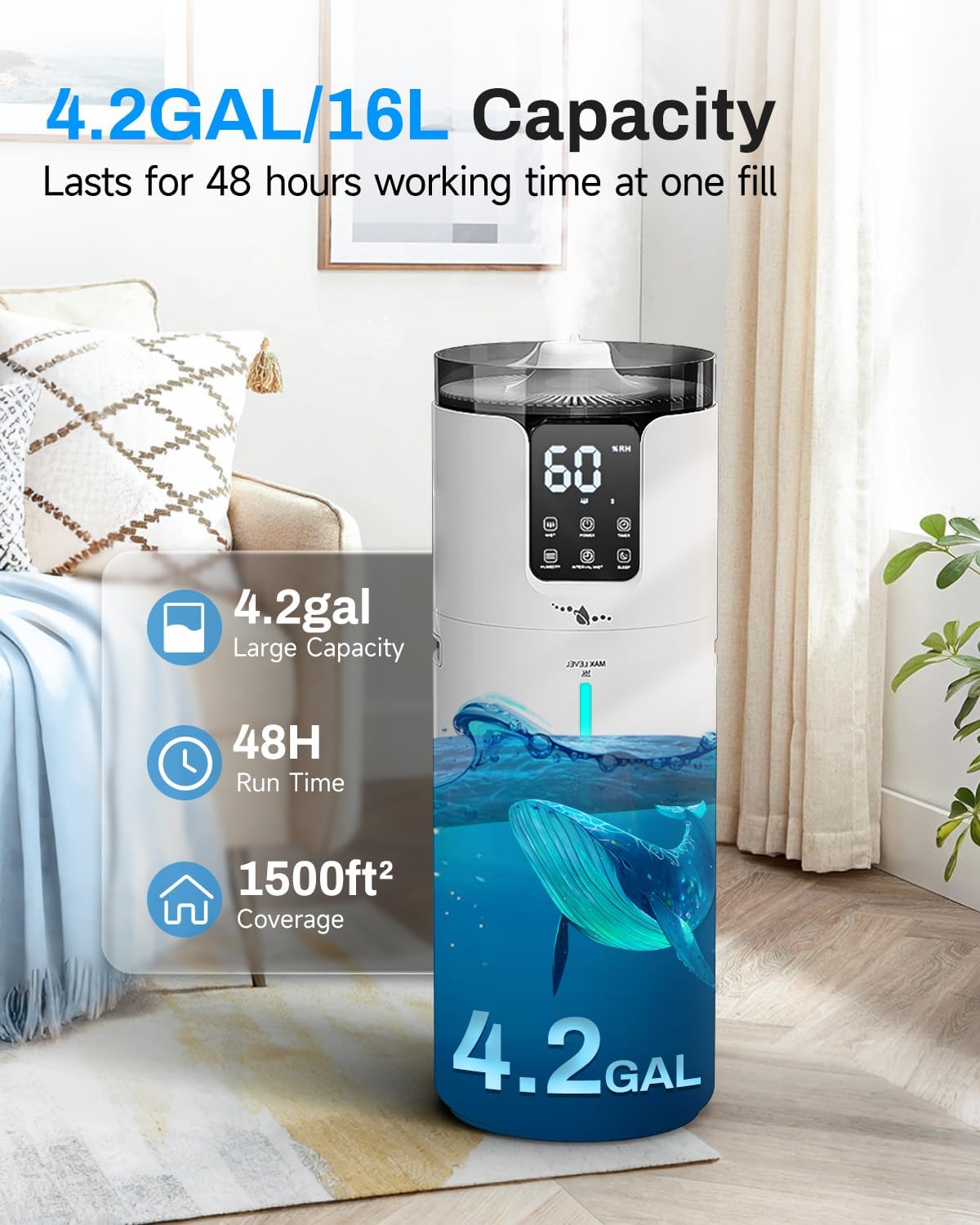 16L Smart Humidifier large room, Whole house Humidifier for Home 1500 sq.ft with APP/Voice/Remote Control, Ultrasonic Cool Mist Humidifiers for Bedroom, Plants, office with Tube, White