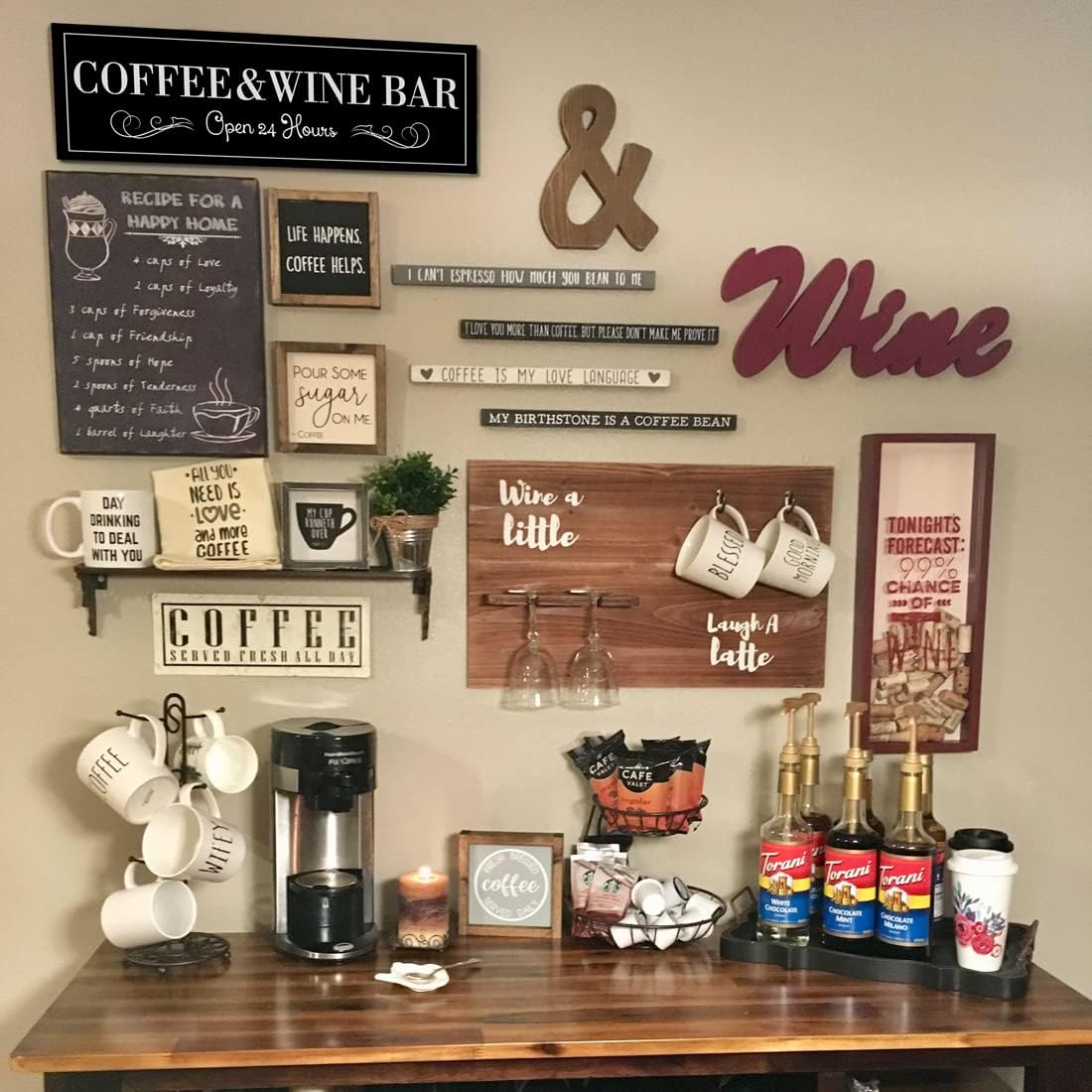 WOWGOOMO Coffee and Wine Bar Signs Decor, Classic Kitchen Wine Cabinet Decorative Signs & Plaques, Black Bar Accessories, 6x17 Inches