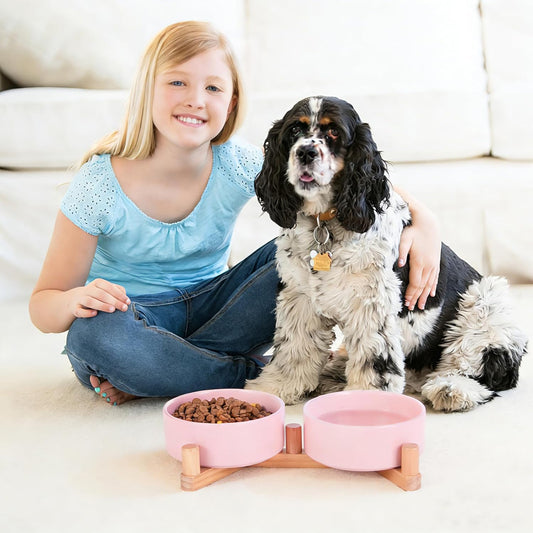 Ceramic Dog Bowl and Cat Bowls Set with 15° Adjustable Wood Stand, Non-Slip Weighted Pet Food and Water Bowls, Dual Raised Feeder for Small Dogs Cats, Matte Glaze Pet Dish 13.5oz Set of 2 (Pink)