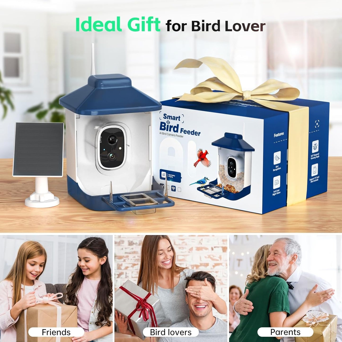 Bird Feeder with Camera, AI Bird Identification, Full HD Live Video, Solar Powered, 2.4Ghz WiFi, Instant Arrival Alerts - Best Gifts for Bi rd Lover