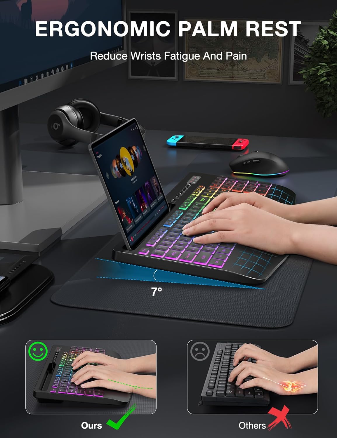 Wireless Keyboard and Mouse Combo - 9 Backlit Effects, RGB, Ergo Wrist Rest, Phone Holder, 2.4G Full Size, Rechargeable, Sleep Mode, KM22 MAX Quiet Set for Computer, PC, Laptop, Mac, Windows- SABLUTE
