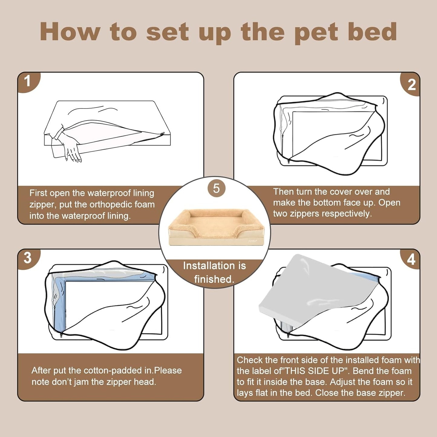 JOYELF Orthopedic Dog Bed for Extra Large Dogs, Foam Sofa Couch Bed, Waterproof with Removable Washable Cover and Nonskid Bottom, Durable - Khaki