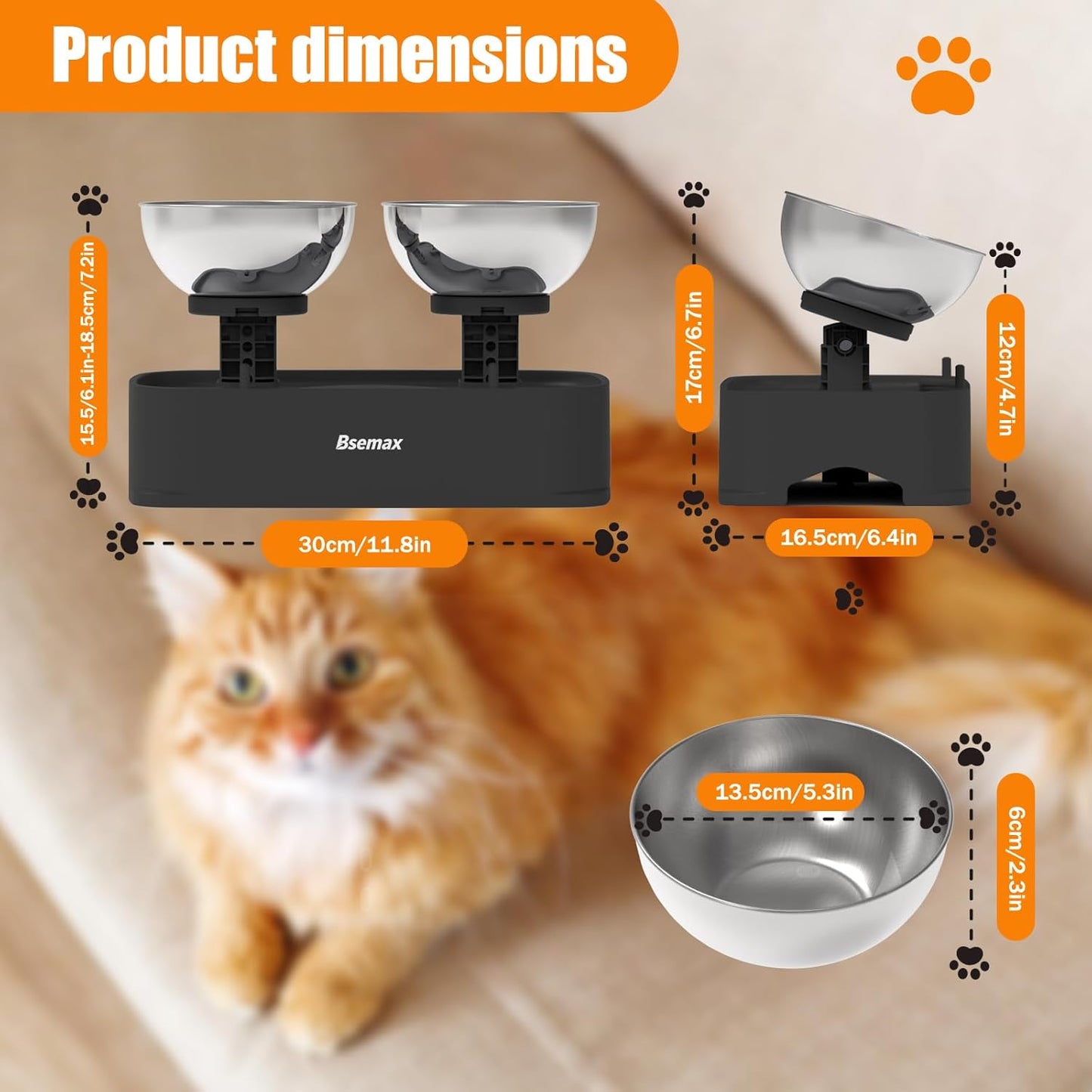 Adjustable Elevated Cat Bowls with 2 Stainless Steel Bowls 6.1”–7.3” Raised Feeding Station with 30° Tilt to Reduce Vomiting & Neck Strain, Stable Non-Slip Stand for Indoor Cats, Small Dogs & Puppies