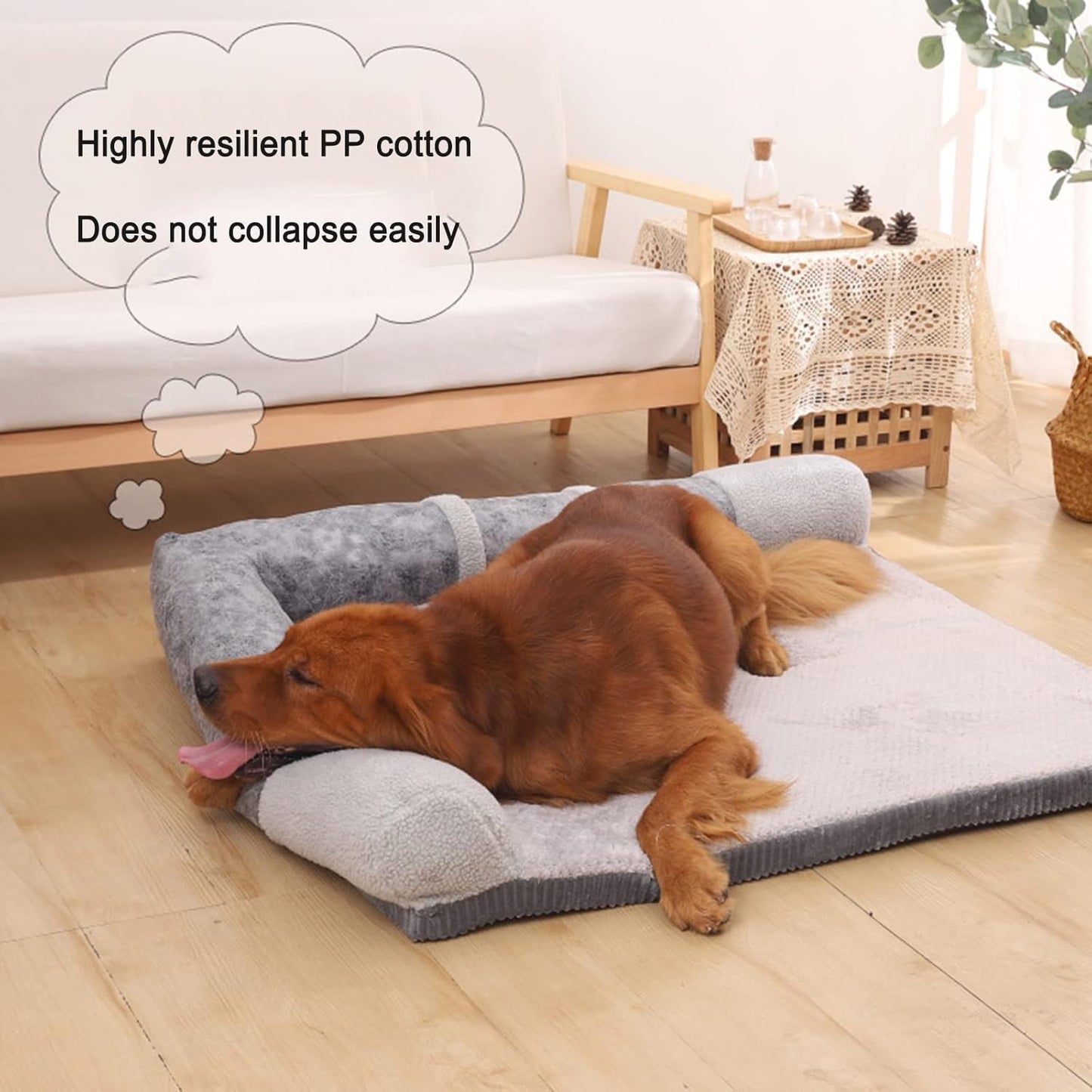 Pet Dog Bed Orthopedic Coral Fleece Furniture Cover with Anti-Slip Back Suitable for Sofa Super Soft Plush Dog Couch Protector with Memory Foam Neck Bolster for Dogs and Cats Washable (Beige Large)