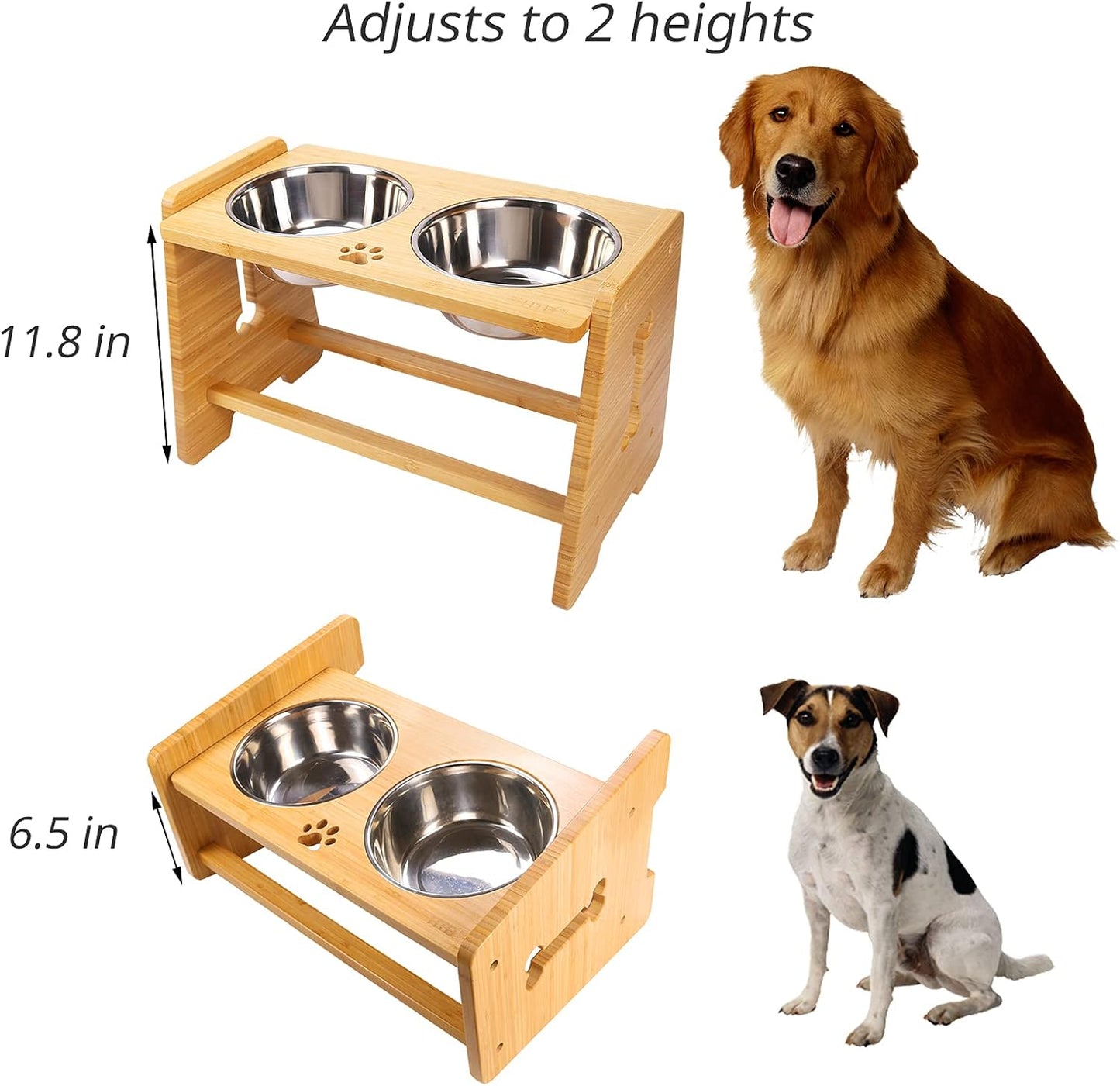 HTB Elevated Dog Bowls, Adjustable Pet Bowl Stand (Bamboo, 2 in 1-6.5'' or 11.8'')