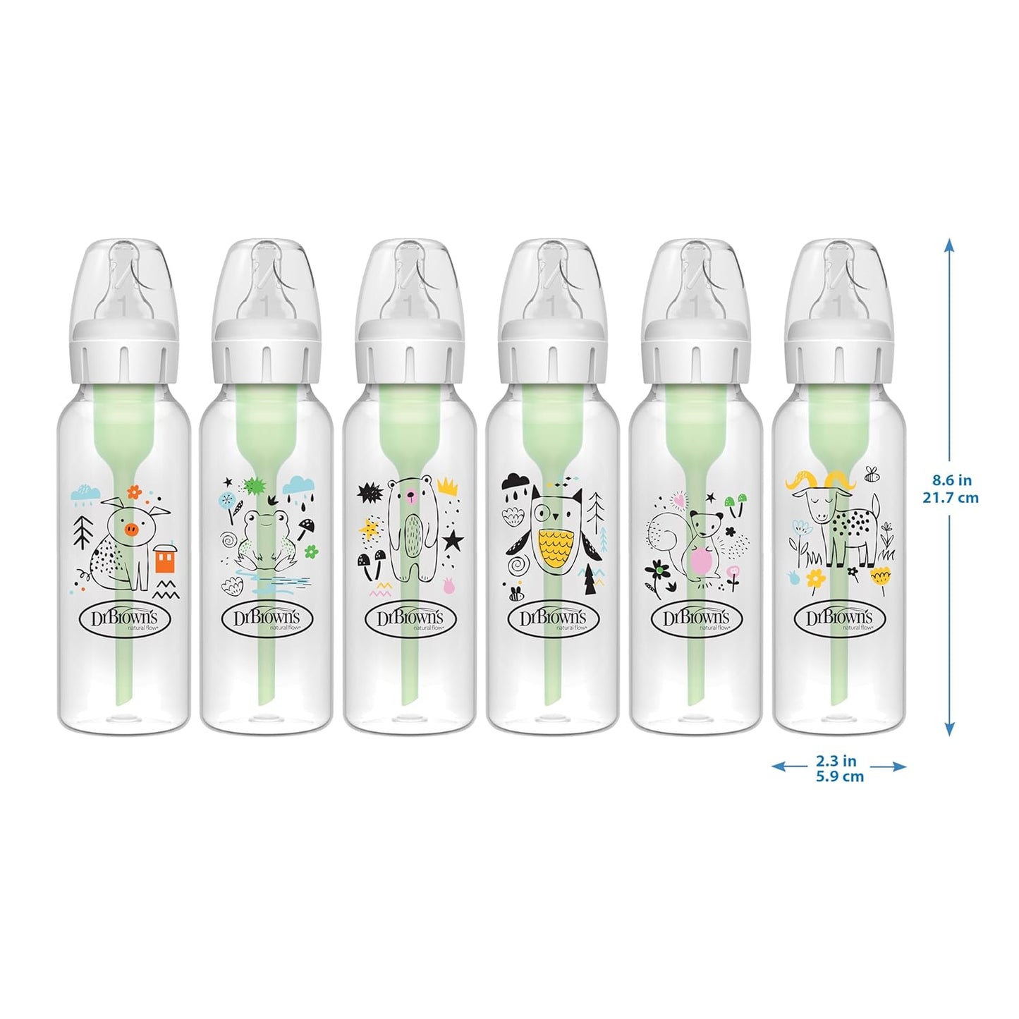 Dr. Brown's Natural Flow Anti-Colic Options+ Narrow Baby Bottle, Goat and Squirrel, 8 oz/250 mL, with Level 1 Slow Flow Nipple, BPA Free, 0m+, 2-Pack