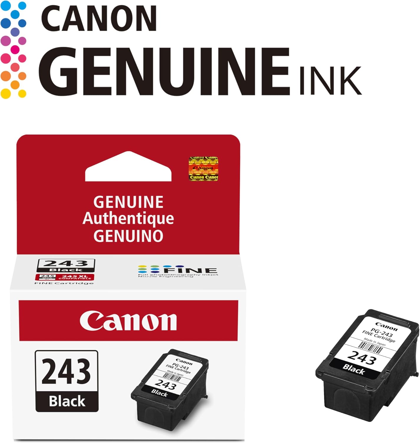 Canon PG-243 Genuine Black Ink Cartridge, Compatible with iP2820, MX492, MG2420/2520/2920/2922/2924/3020/2525, TS3120/302/302a/202/4520/3320